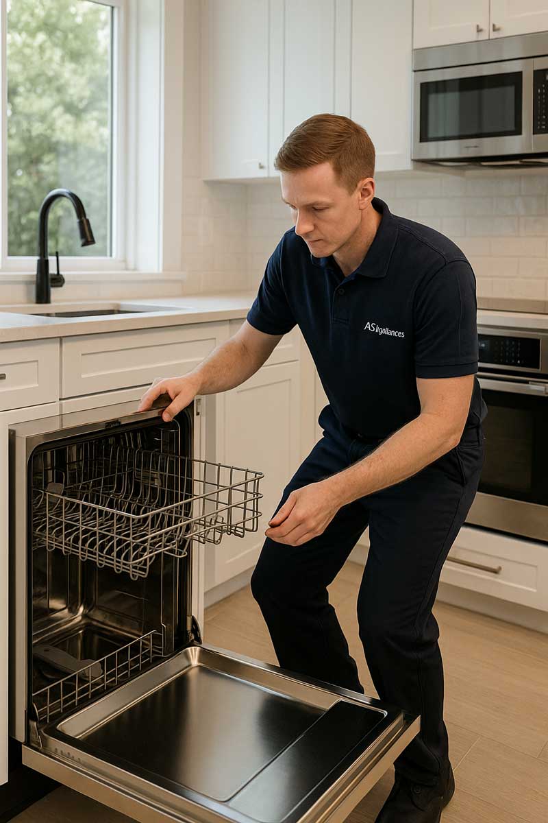Dishwasher being removed gently to inspect drainage area