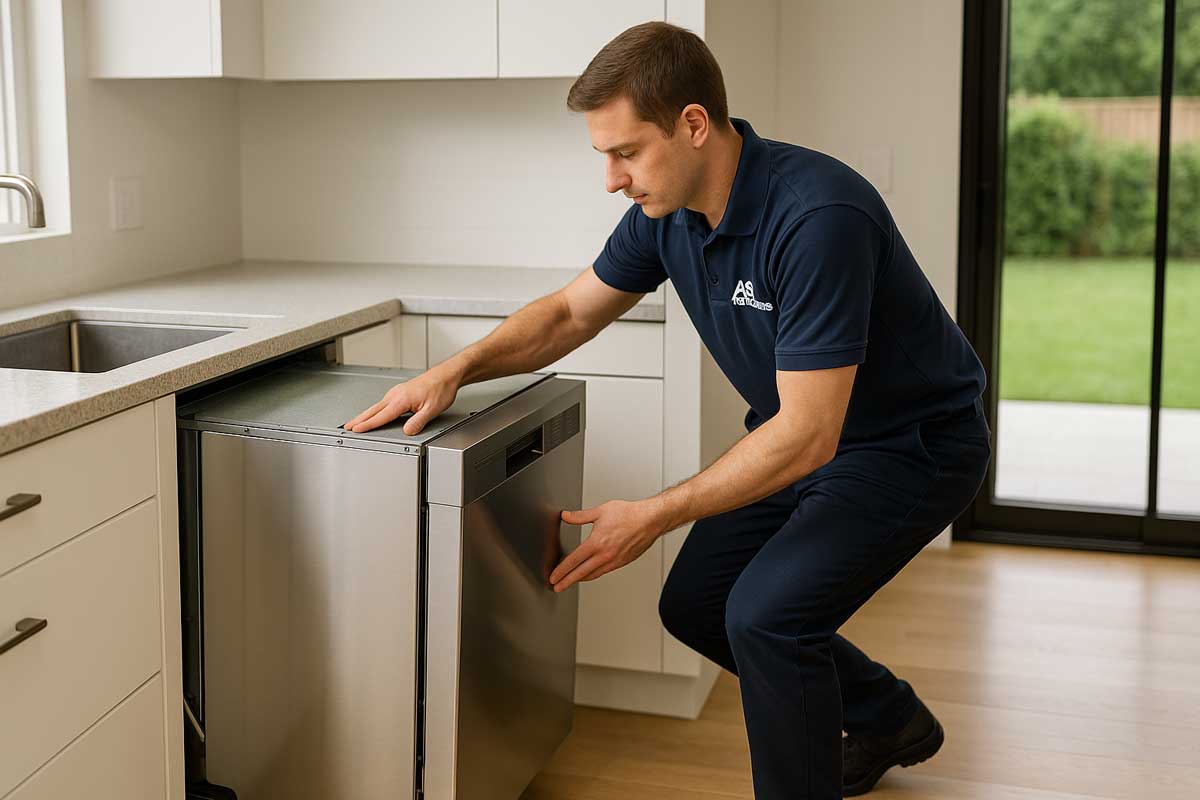 Dishwasher being removed gently to inspect drainage area
