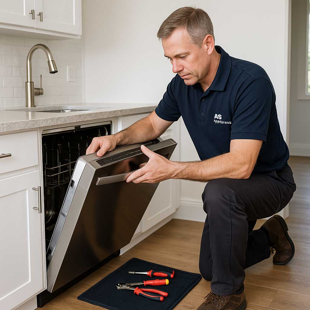 Dishwasher being removed gently to inspect drainage area