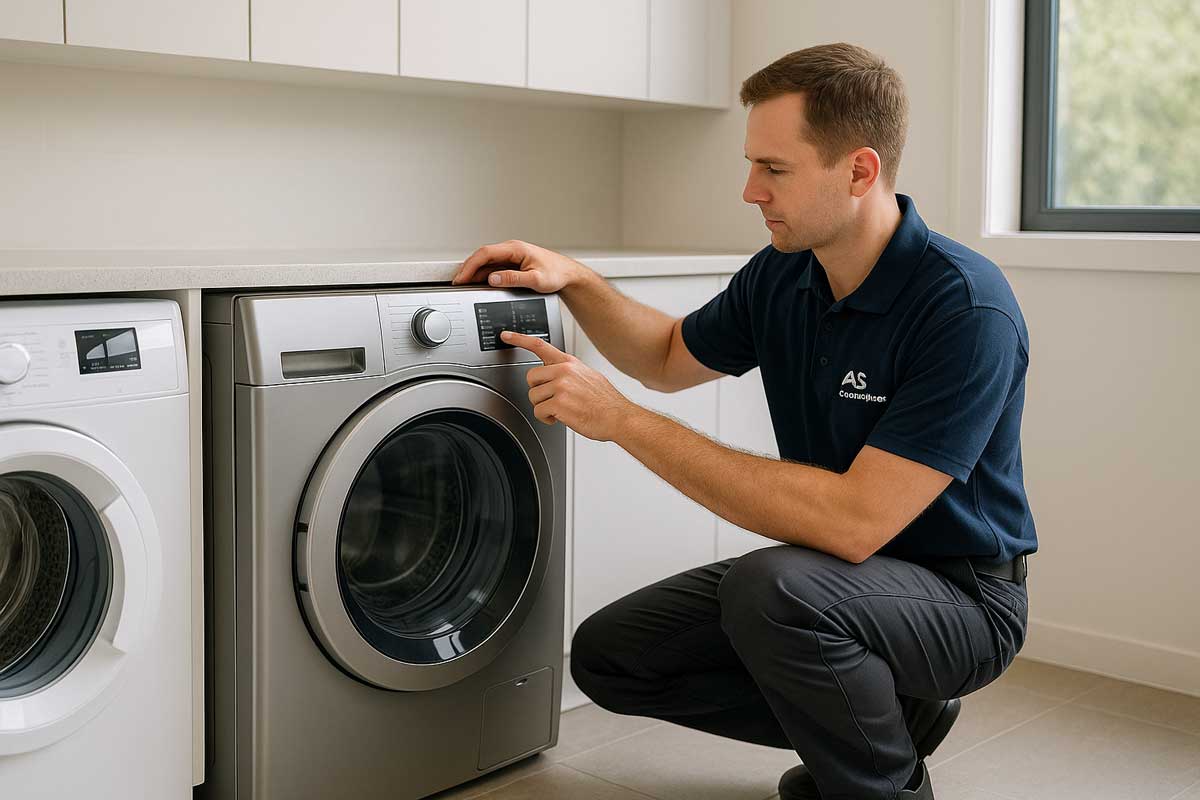 Technician reviewing dryer airflow and moisture sensing