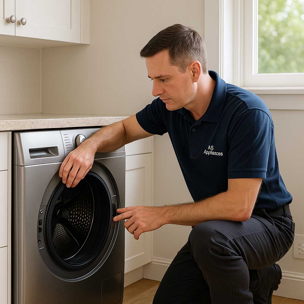 Technician reviewing dryer airflow and moisture sensing