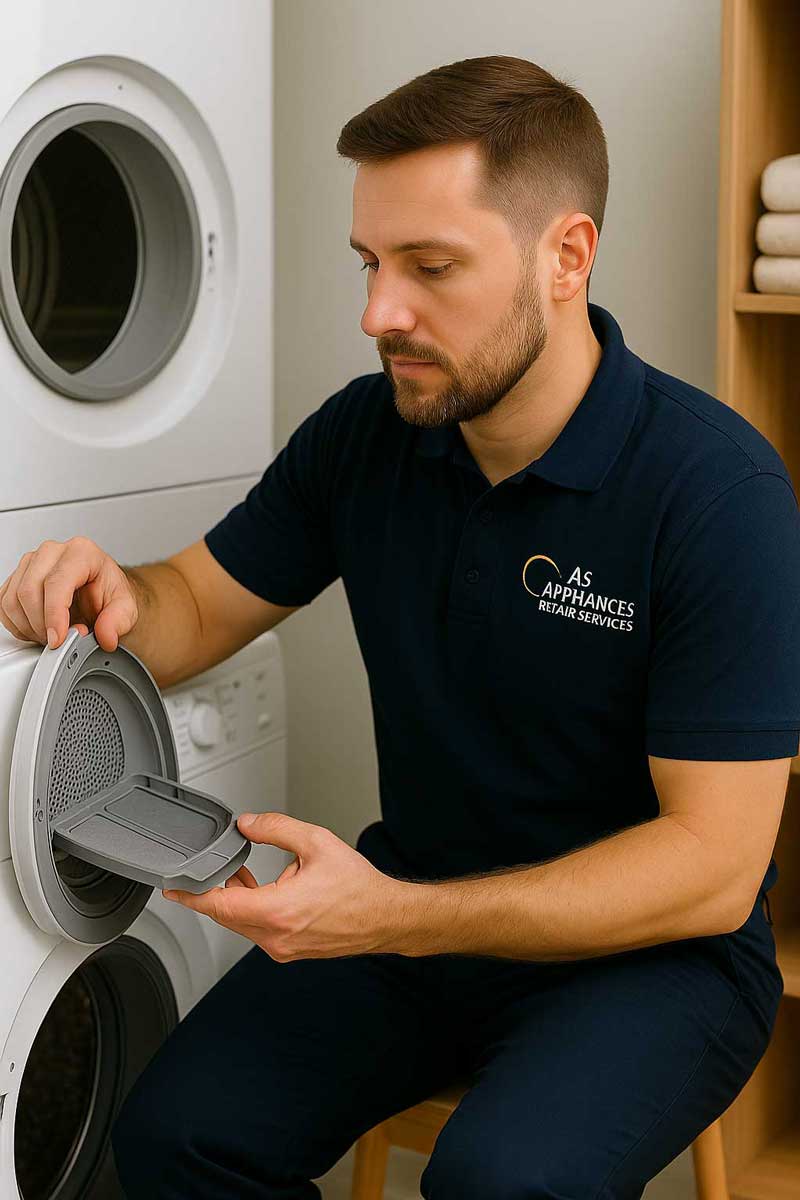 Dryer Repair Technician reviewing dryer airflow and moisture sensing