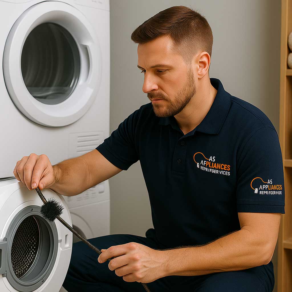 Dryer vent cleaning and repair in Melbourne utility room by AS Appliances service technician.