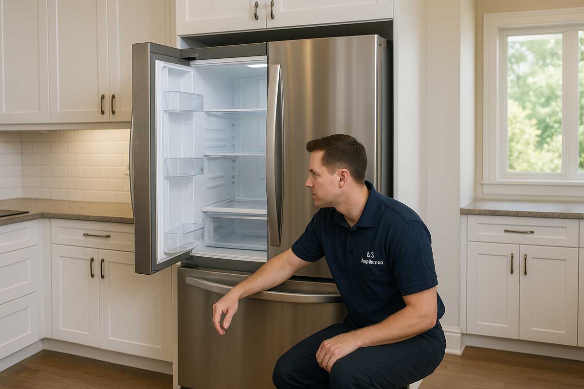 Technician checking refrigerator door seals and airflow routing