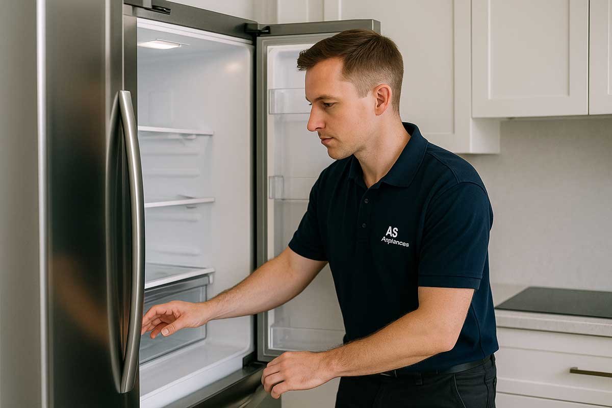 Technician checking refrigerator door seals and airflow routing