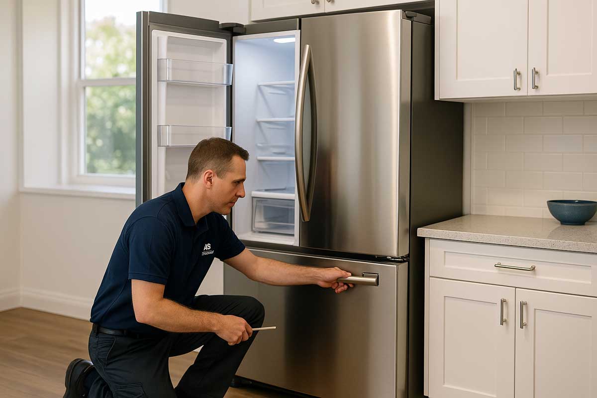Technician checking refrigerator door seals and airflow routing