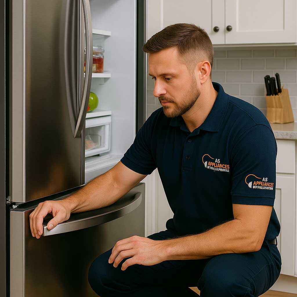 Fridge Repair Technician checking refrigerator door seals and airflow routing