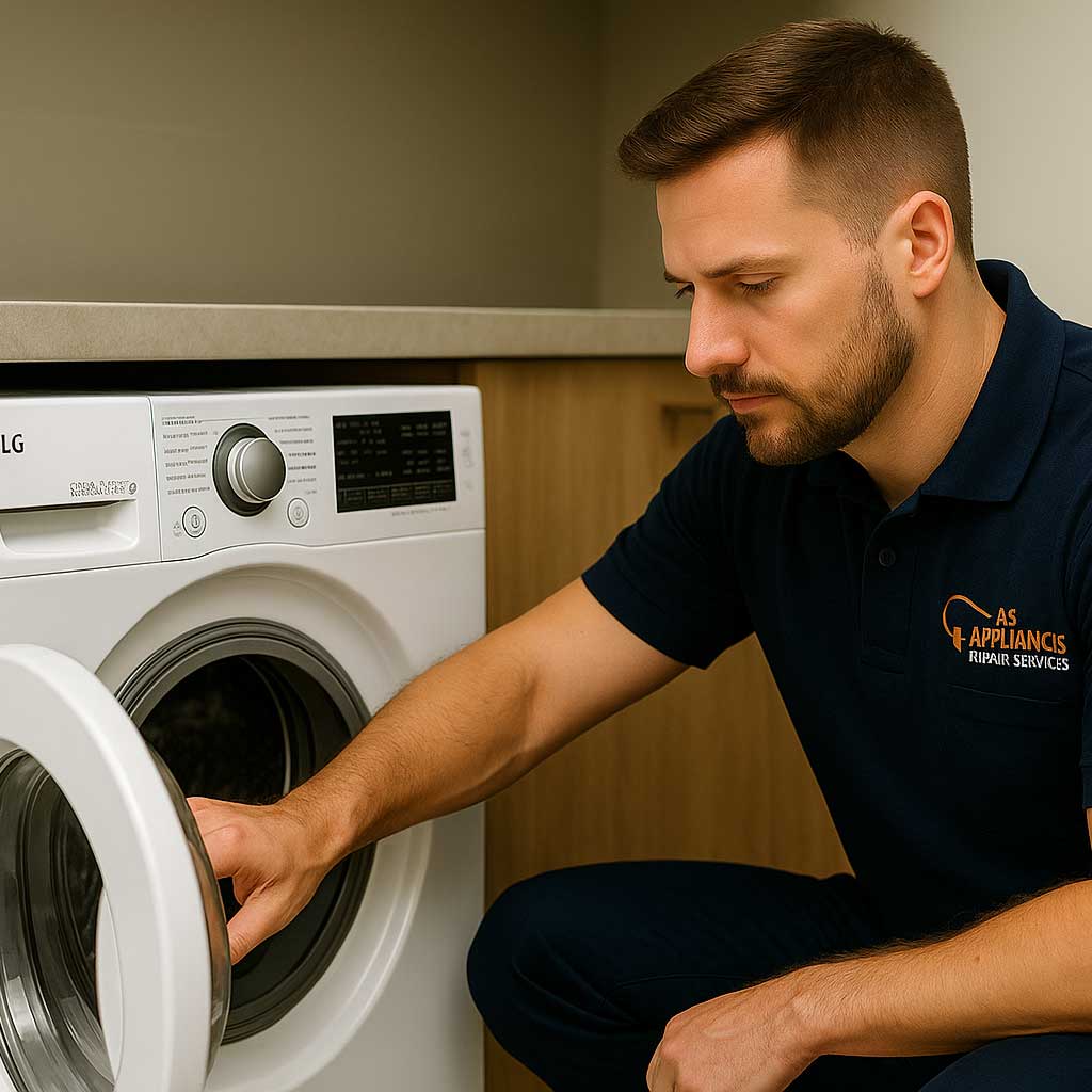 LG washing machine repair in Melbourne laundry by AS Appliances Repair Services technician.