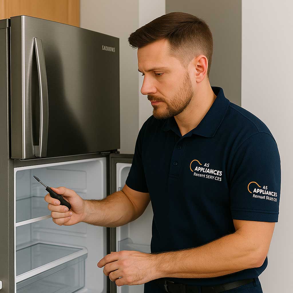 AS Appliances technician repairing Samsung fridge freezer in Melbourne kitchen