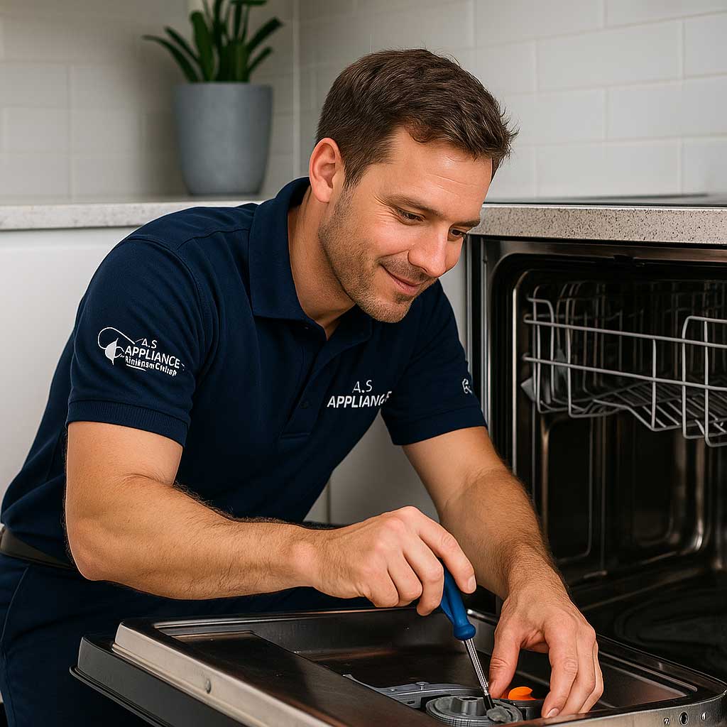 AS Appliances technician repairing SMEG dishwasher in Melbourne kitchen