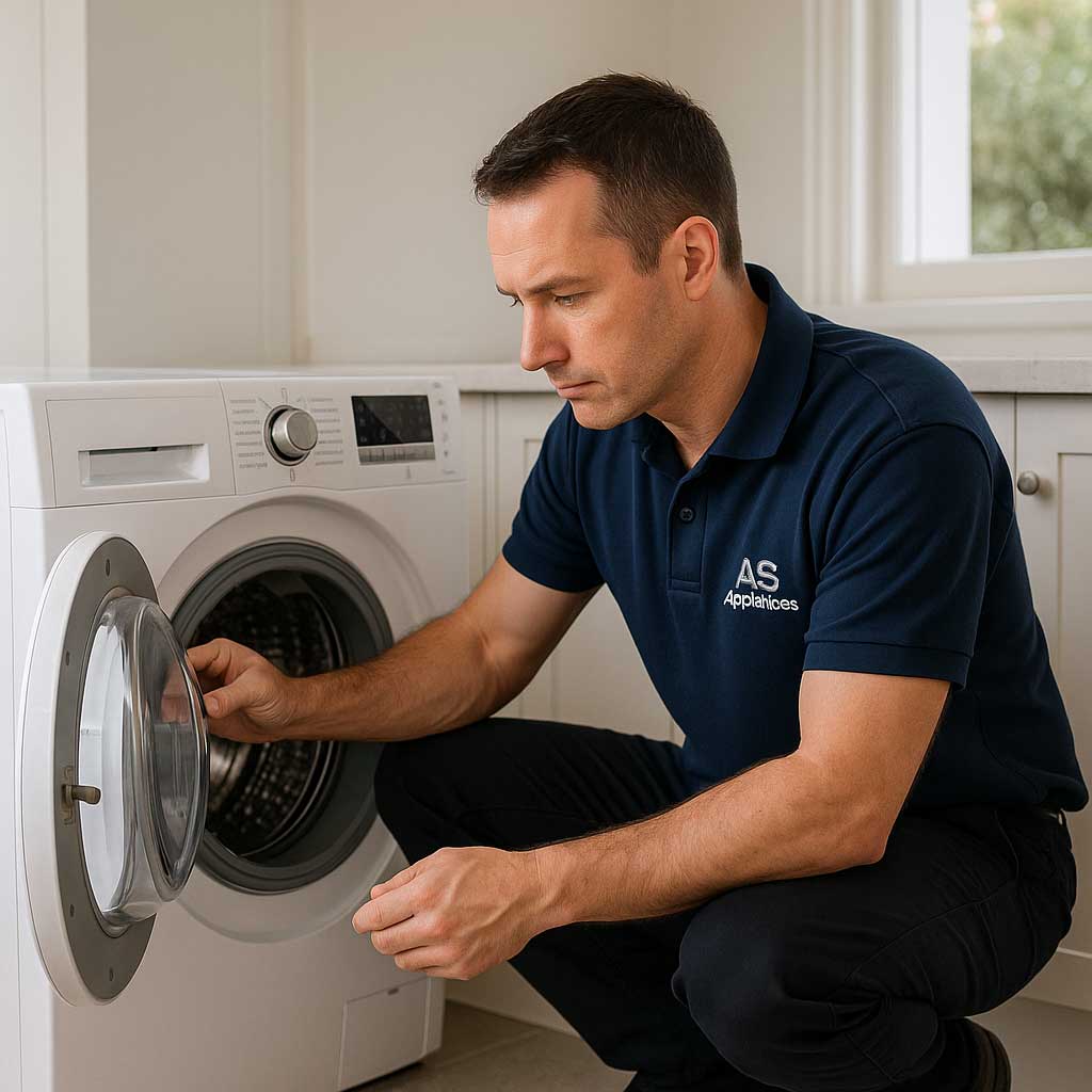 Appliance Repair Elwood technician inspecting washing machine drainage
